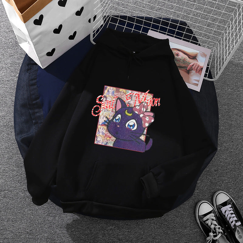 Damen nan Oversize-Kapuzenpullover mit glitzerndem Anime-Katzen-Motiv, Kängurutasche und weichem Fleece-Innenfutter EB
