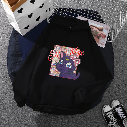 Damen nan Oversize-Kapuzenpullover mit glitzerndem Anime-Katzen-Motiv, Kängurutasche und weichem Fleece-Innenfutter EB