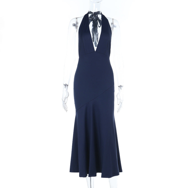 Damen elegantes Maxikleid mit tiefem V-Ausschnitt und raffiniertem Schleifendetail EB