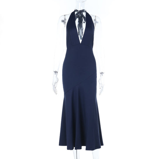 Damen elegantes Maxikleid mit tiefem V-Ausschnitt und raffiniertem Schleifendetail EB