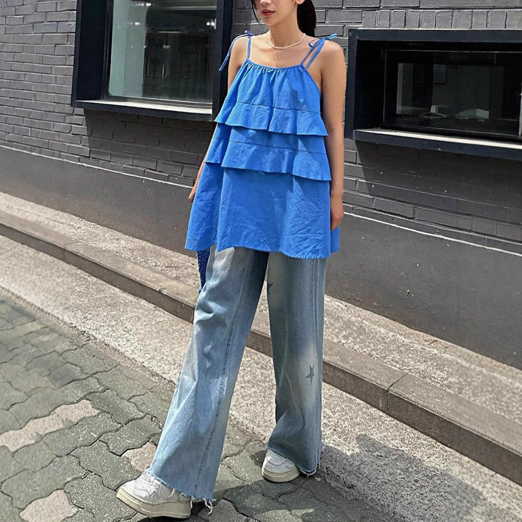 Damen luftiges Schwingkleid mit mehrlagigem Design und verstellbaren Trägern EB