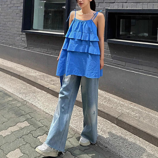 Damen luftiges Schwingkleid mit mehrlagigem Design und verstellbaren Trägern EB