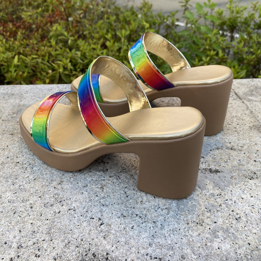 Damen Plateau-Sandalen mit regenbogenfarbenem Glanz und bequemem Absatz EB
