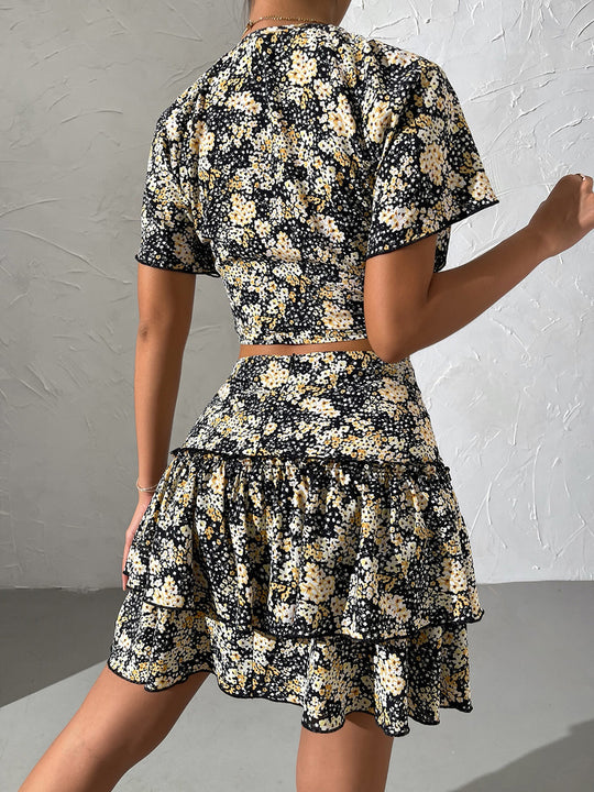 Damen Blumiges Mini-Kleid mit Raffungen und Rüschendetails EB