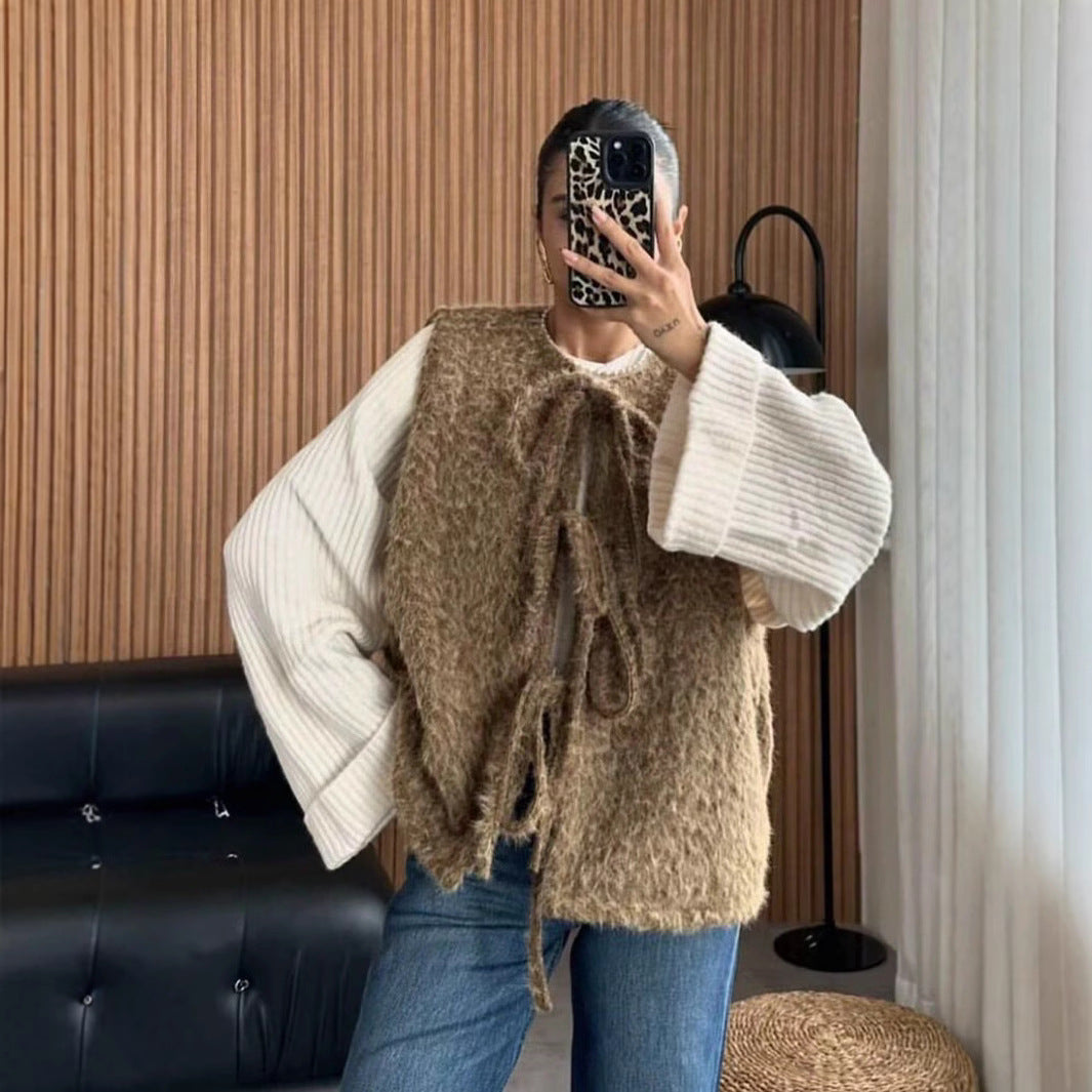 Damen elegante Strickweste mit dekorativen Schleifen EB