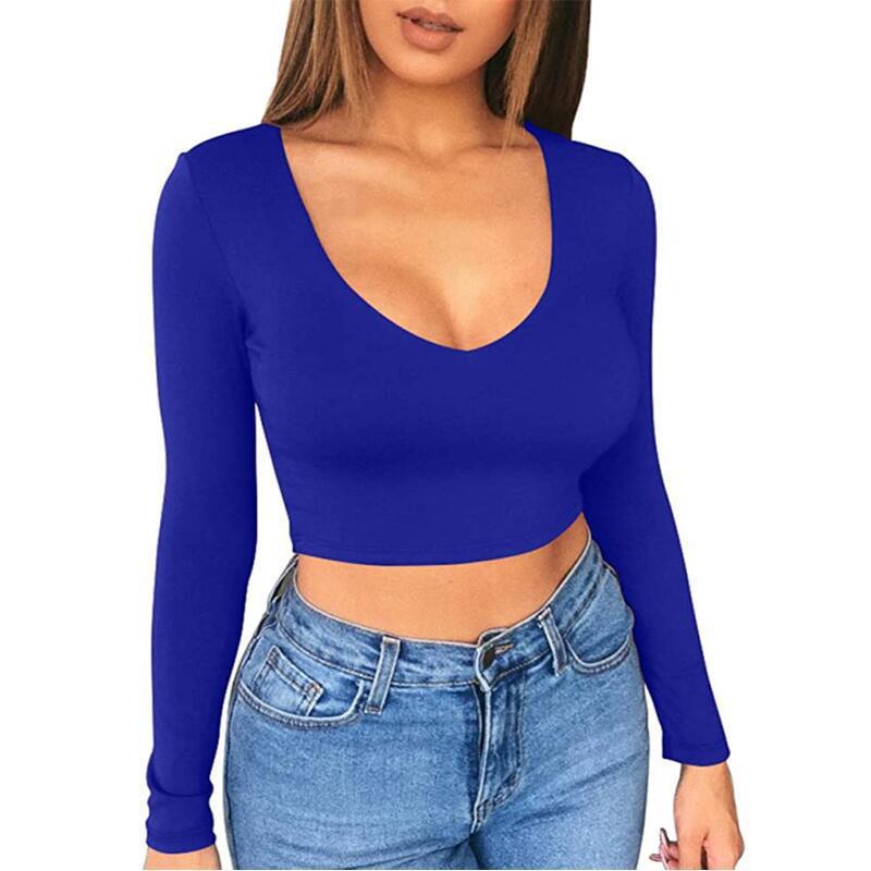 Damen modisches Crop-Top mit tiefem V-Ausschnitt und langen Ärmeln EB
