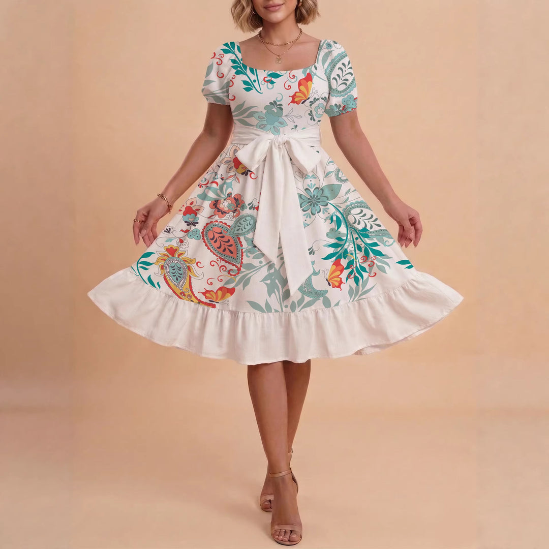 Damen elegantes Maxikleid mit floralem Design und Taillengürtel EB