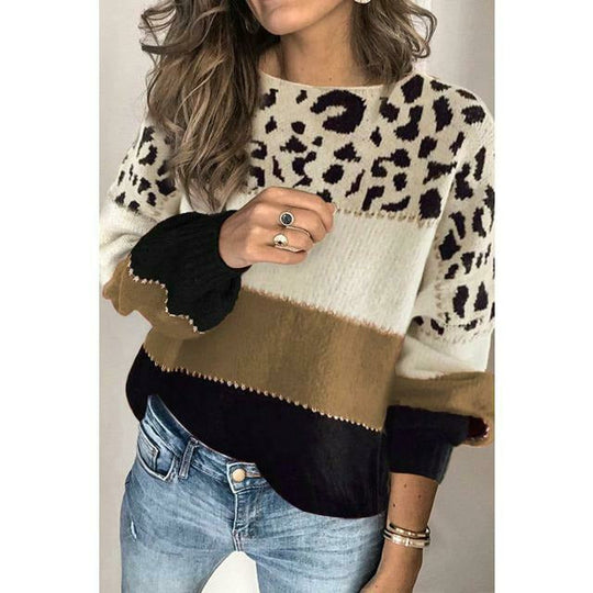 EB | Pullover - Damen Herbst Leopard Patchwork Strickpullover