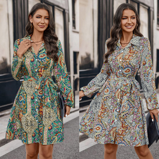 Damen Hemdblusenkleid mit buntem Paisleymuster und Gürtel EB