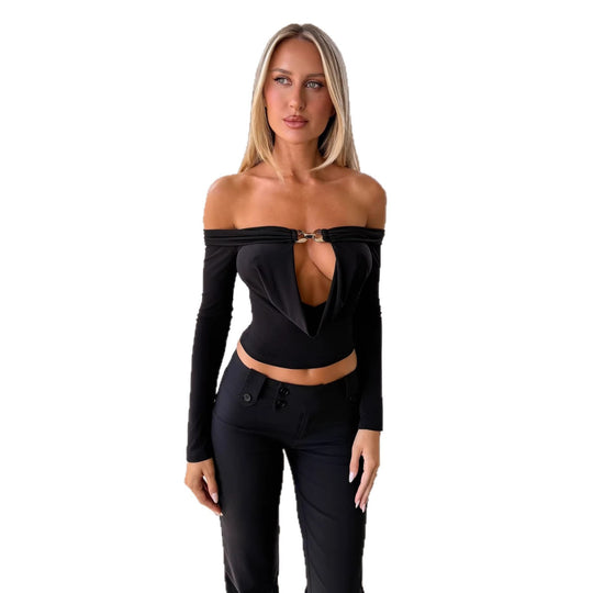 Damen Off-Shoulder Bluse mit dekorativem Ausschnitt und langen Ärmeln EB