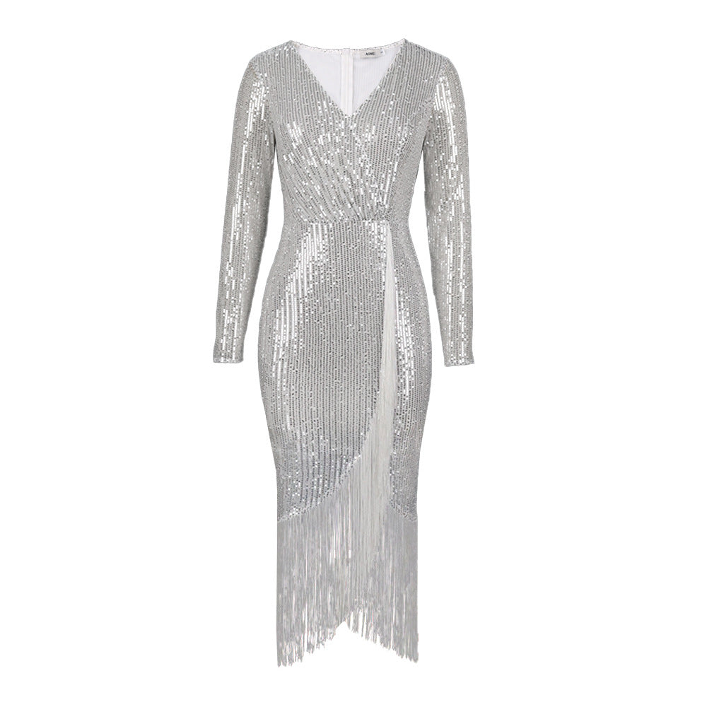 Damen Festliches Kleid mit schimmernden Fransen und elegantem Wickelausschnitt EB