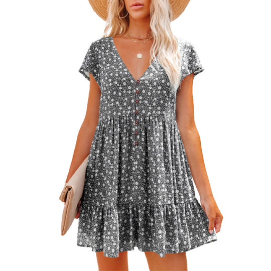 Damen Sommerkleid mit floralen Mustern und Knopfdetails EB