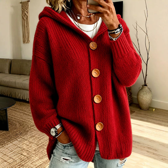 Damen Grobgestrickter Kapuzencardigan mit überlanger Silhouette, Holzknopfleiste und gerippten Bündchen EB