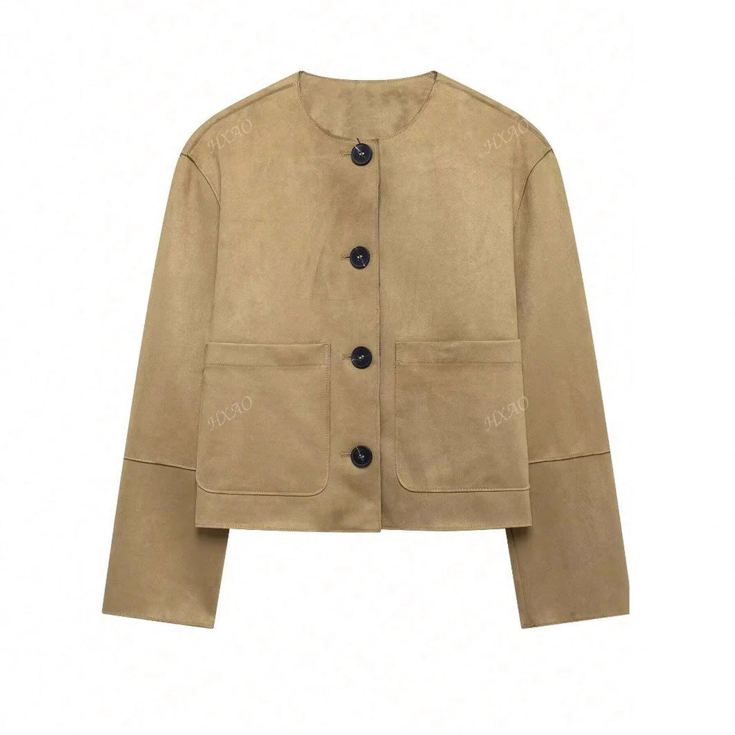 Damen modische Kurzjacke mit praktischen Taschen und Knopfverschluss EB
