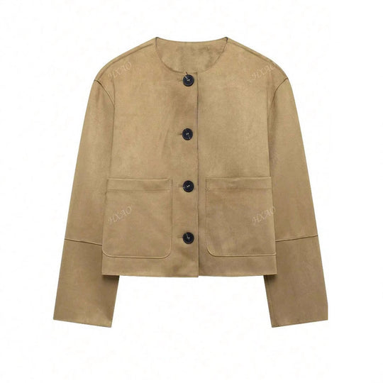 Damen modische Kurzjacke mit praktischen Taschen und Knopfverschluss EB