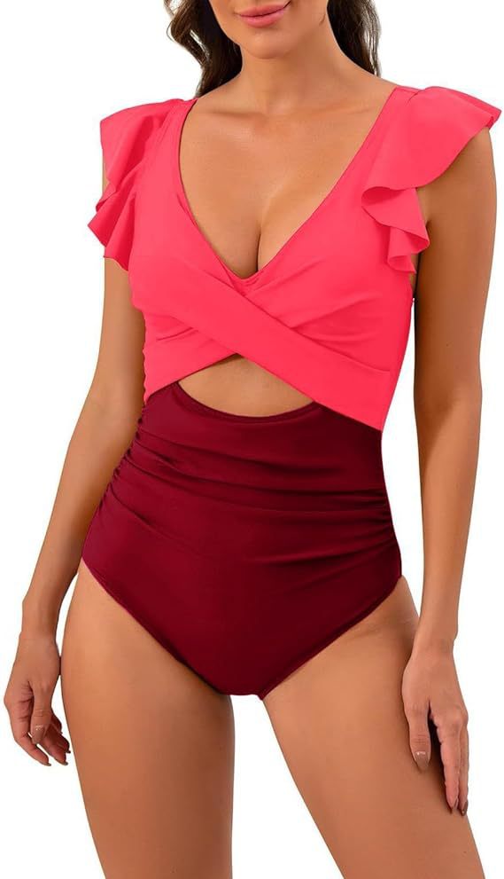 Damen Floral Badeanzug mit schmeichelnder Raffung EB