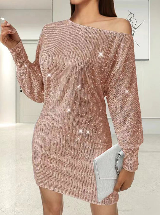 Damen Glamouröses Minikleid mit asymmetrischem Schulterdesign und Funkeleffekten EB