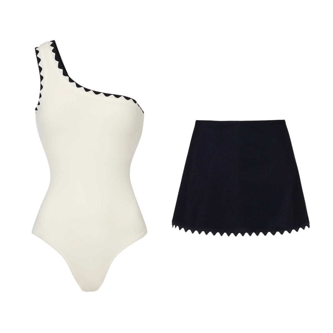Damen Einteiler Badeanzug mit asymmetrischem Design und passendem Rock EB