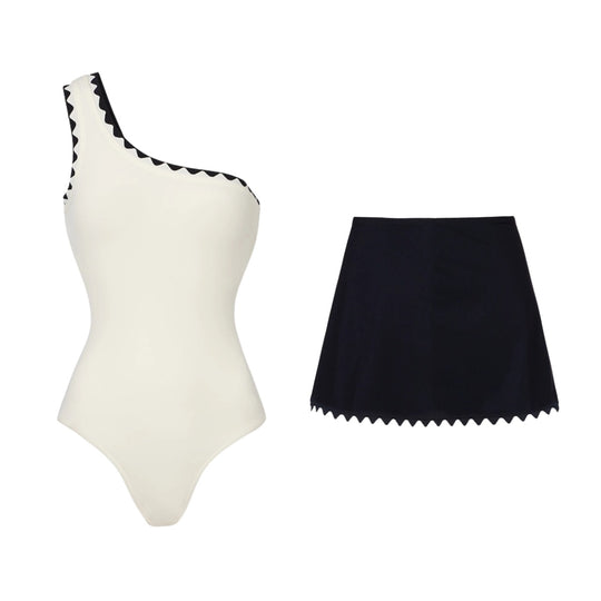 Damen Einteiler Badeanzug mit asymmetrischem Design und passendem Rock EB