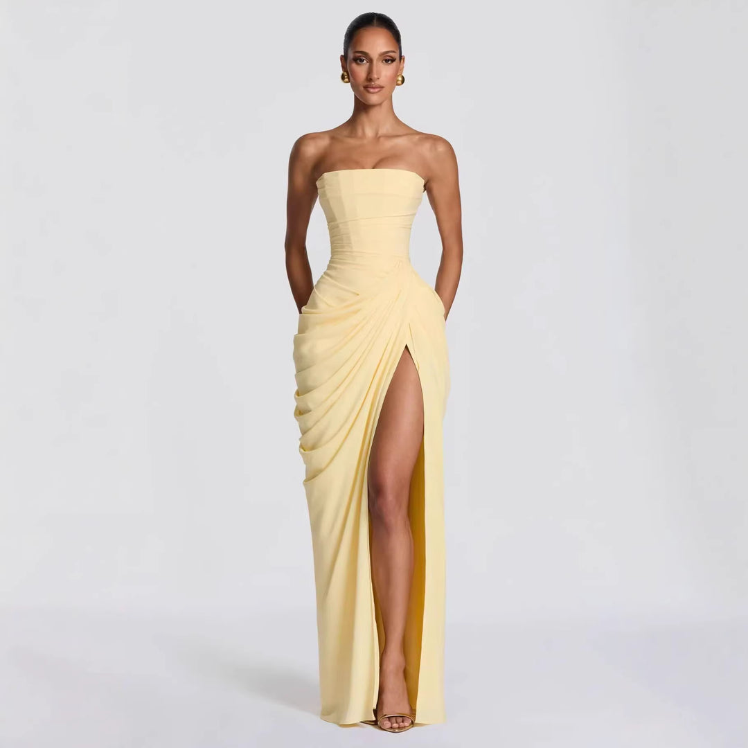 Damen Elegantes Bandeau Abendkleid mit Raffungen und Beinschlitz EB