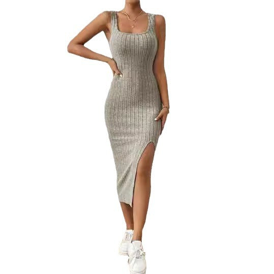 Damen figurbetontes Maxikleid mit hohem Schlitz und dekorativem Rippenmuster EB