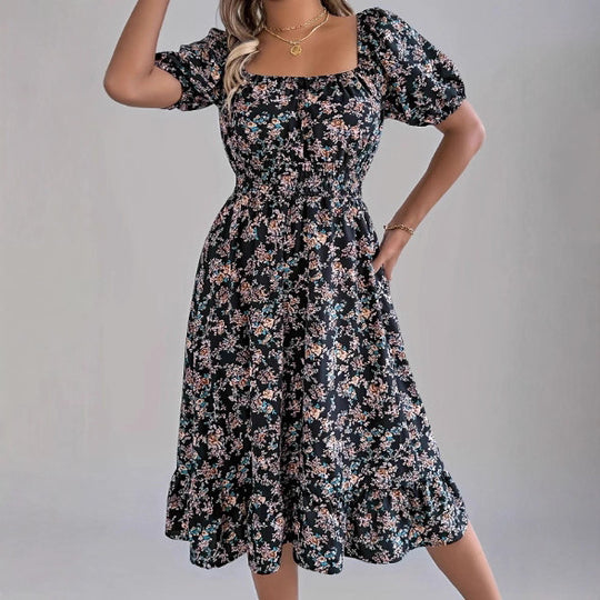 Damen sommerliches Blumenkleid mit Puffärmeln und Rüschensaum EB