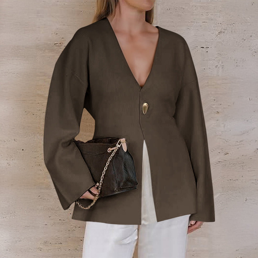Damen nan taillierter Feinstrick-Cardigan mit V-Ausschnitt, Zierknopf und frontaler Schlitz EB