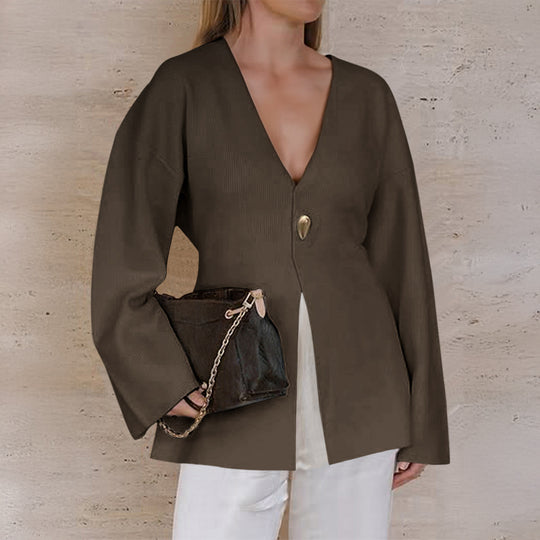 Damen nan taillierter Feinstrick-Cardigan mit V-Ausschnitt, Zierknopf und frontaler Schlitz EB