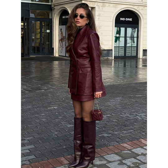 Damen elegante Kunstlederblazerjacke im taillierten Schnitt mit modischem Detail EB