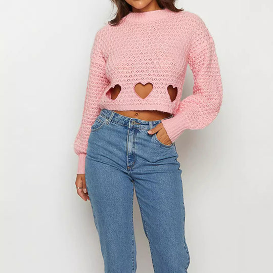 Damen Grob gestrickter Pullover mit Herzverzierungen und lockerem Schnitt EB