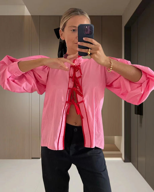Damen modische Bluse mit Kordelzug und Puffärmeln EB