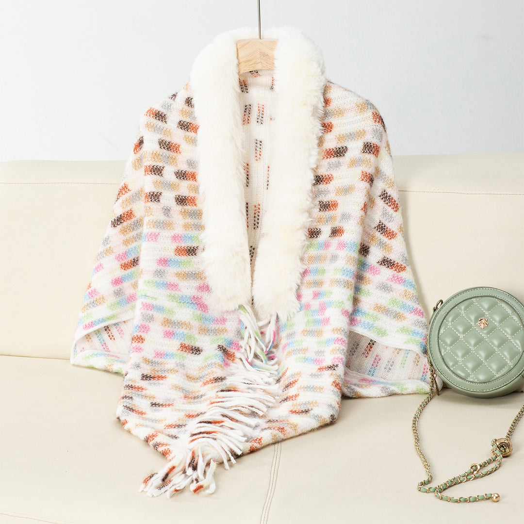 Damen eleganter Poncho mit luxuriösem Kunstfellkragen und Fransen EB