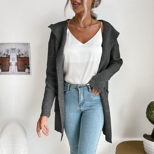 Damen Langärmlige Strickjacke mit Kapuze und seitlichen Taschen EB