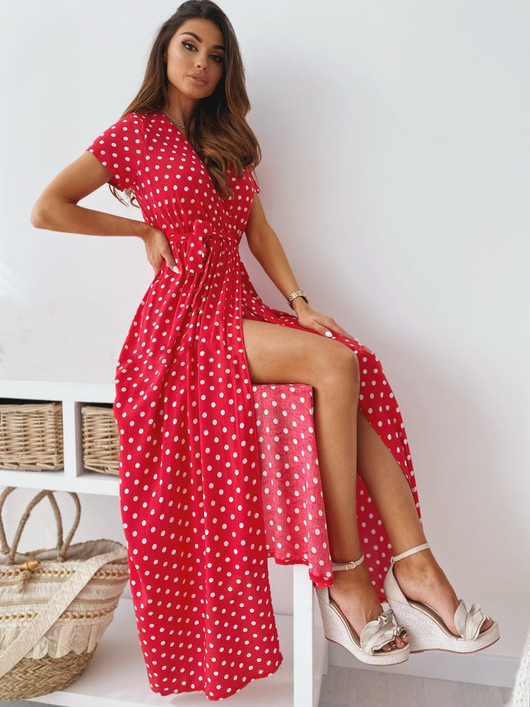 Damen Maxikleid mit Polka-Dots und verstellbarem Taillengürtel EB