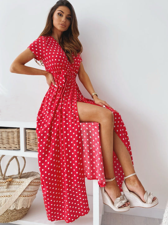 Damen Maxikleid mit Polka-Dots und verstellbarem Taillengürtel EB