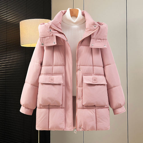 Damen funktionelle und stilvolle Winterjacke mit Taschen und Kapuze EB