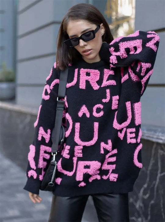 Damen übergroßer Pullover mit auffälligem Schriftzug und weichem Material EB