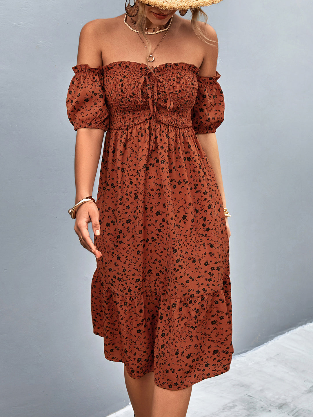 Damen Off-Shoulder Freizeitkleid mit eleganten Puffärmeln und floralen Mustern EB