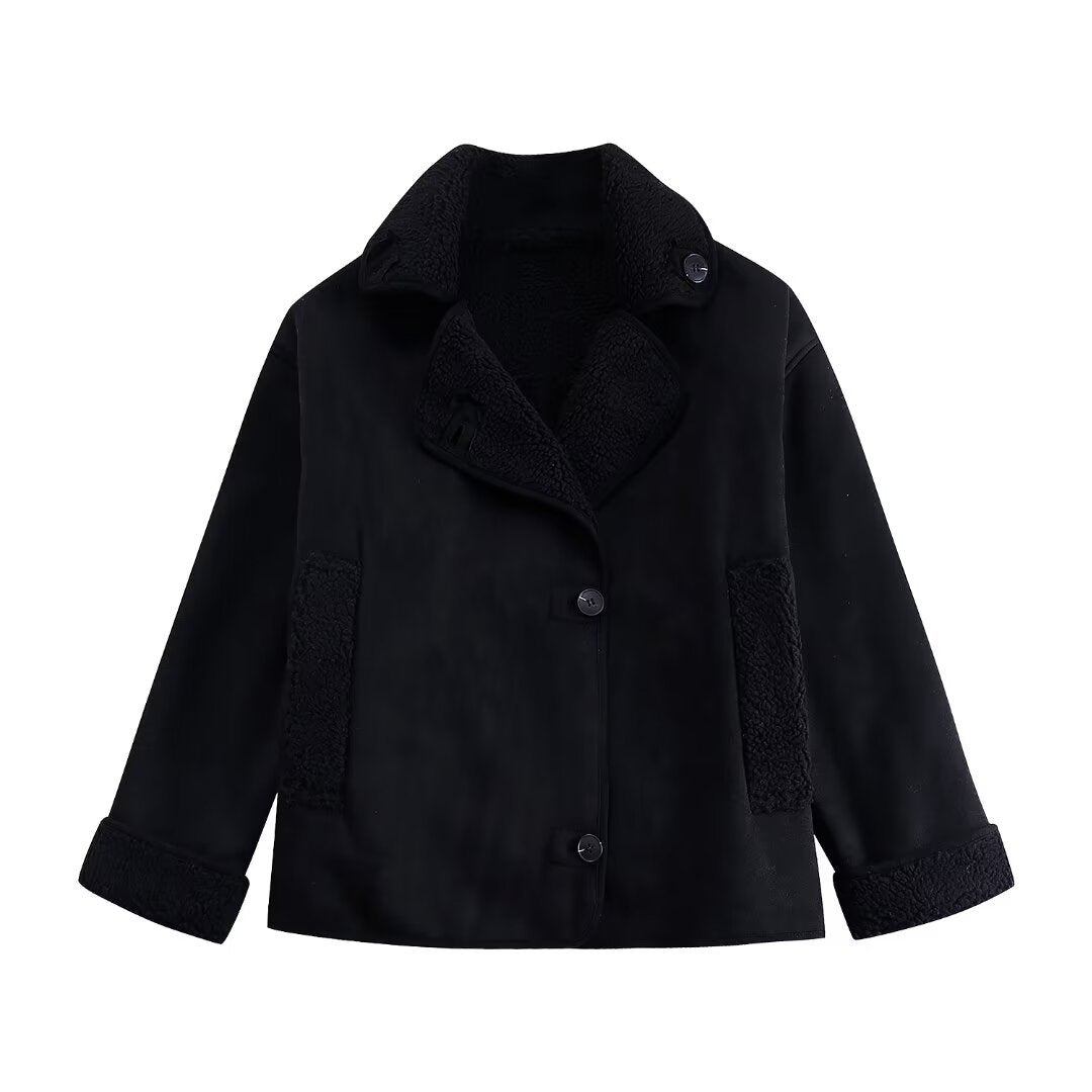 Damen nan kurze Winterjacke mit weichem Teddyfutter, Umschlagkragen und Knopfleiste EB