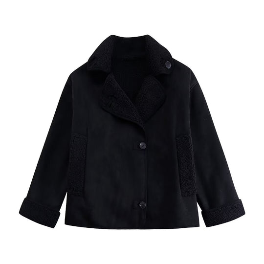 Damen nan kurze Winterjacke mit weichem Teddyfutter, Umschlagkragen und Knopfleiste EB