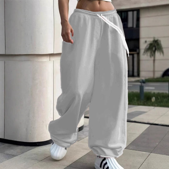 Damen nan weite Baggy-Jogginghose mit hohem Komfortbund, Kordelzug und elastischen Knöchelbündchen EB