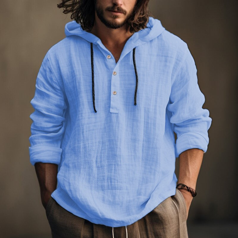 Herren nan Leichtes Kapuzenhemd im Leinenlook mit Henley-Knopfleiste EB