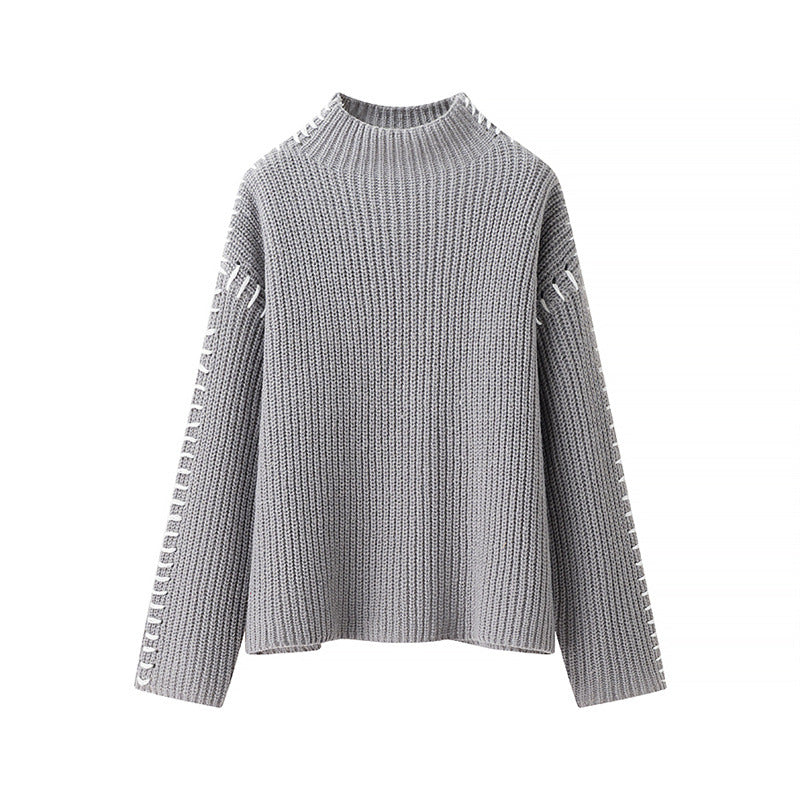 Damen Grobstrickpullover mit hohem Kragen und dekorativen Details EB