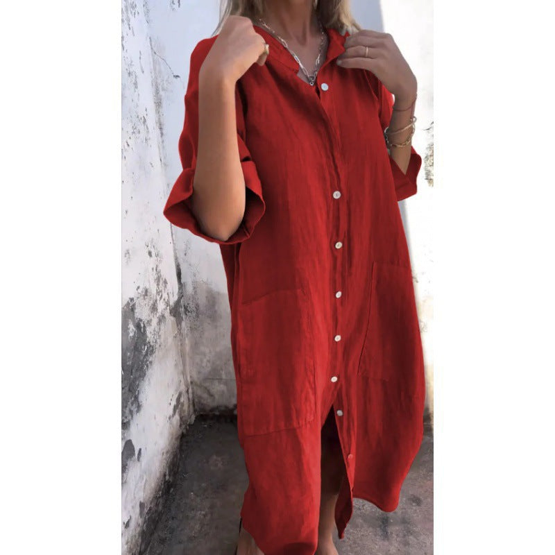 EB | Lässiges Baumwoll-Leinen Shirtkleid mit Dreiviertelärmeln
