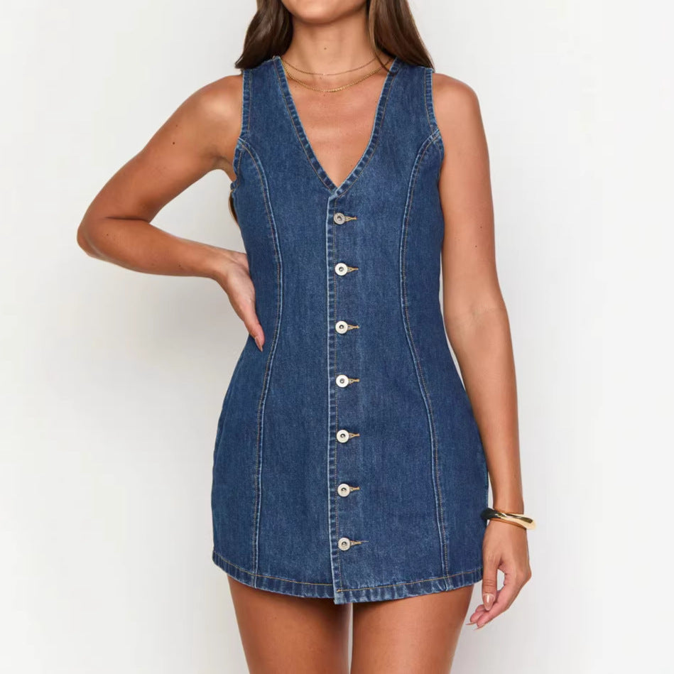 Damen Jeanskleid mit V-Ausschnitt und Knopfleiste EB