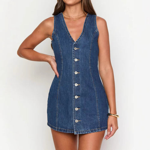 Damen Jeanskleid mit V-Ausschnitt und Knopfleiste EB