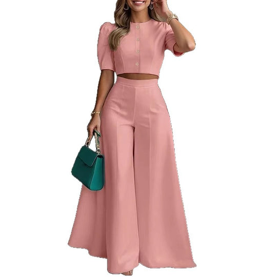 Damen elegantes kurzes Oberteil mit Puffärmeln und hochgeschnittenen Palazzo-Hosen EB