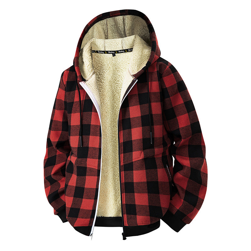 Herren karierte Teddyfleece Kapuzenjacke mit Sherpa-Innenfutter und Reißverschluss EB