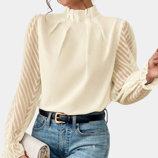 Damen Elegante Chiffonbluse mit Stehkragen, Faltenkante und transparenten Jacquard-Ärmeln EB
