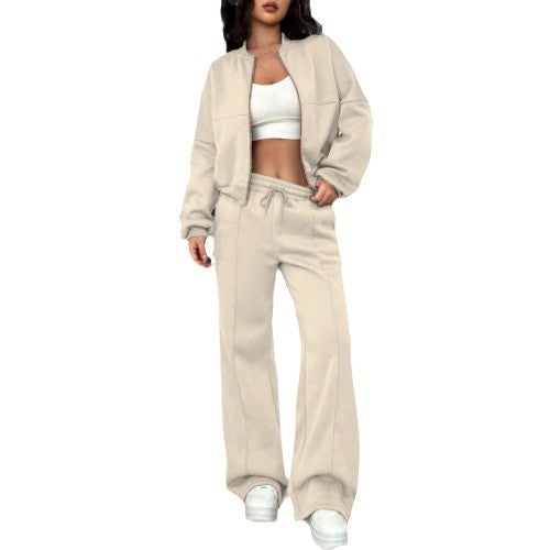 Damen nan kurz geschnittenes Blouson mit Reißverschluss und weiter High-Waist Jogginghose Set EB